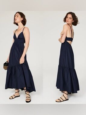 A.L.C. Rhodes Navy Poplin Sleeveless V-Neck Smocked Tiered Maxi Dress Size 6